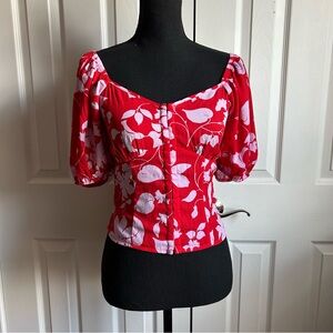 Sienna Skye red and pink monochrome floral puff sleeve coconut girl crop top